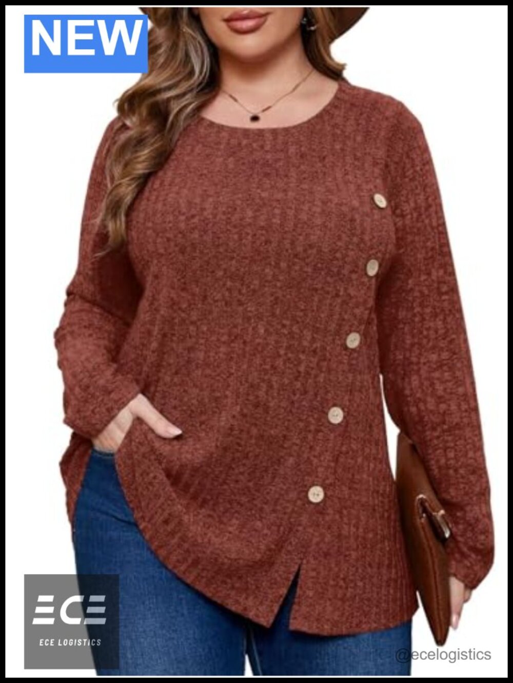 Plus Size Tunic Sweater Crew Neck Button Decor Loose Fit Fall Winter Top